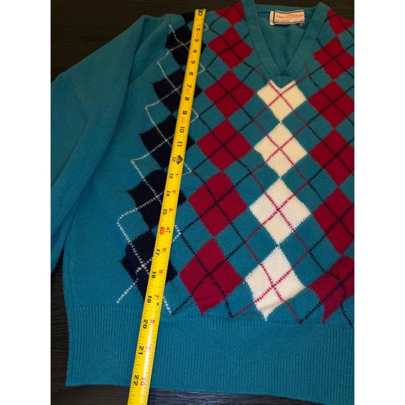 Alan Paine Vintage Lambswool Argyle V-Neck Sweater Teal Red Made in England 44 - Picture 6 of 9